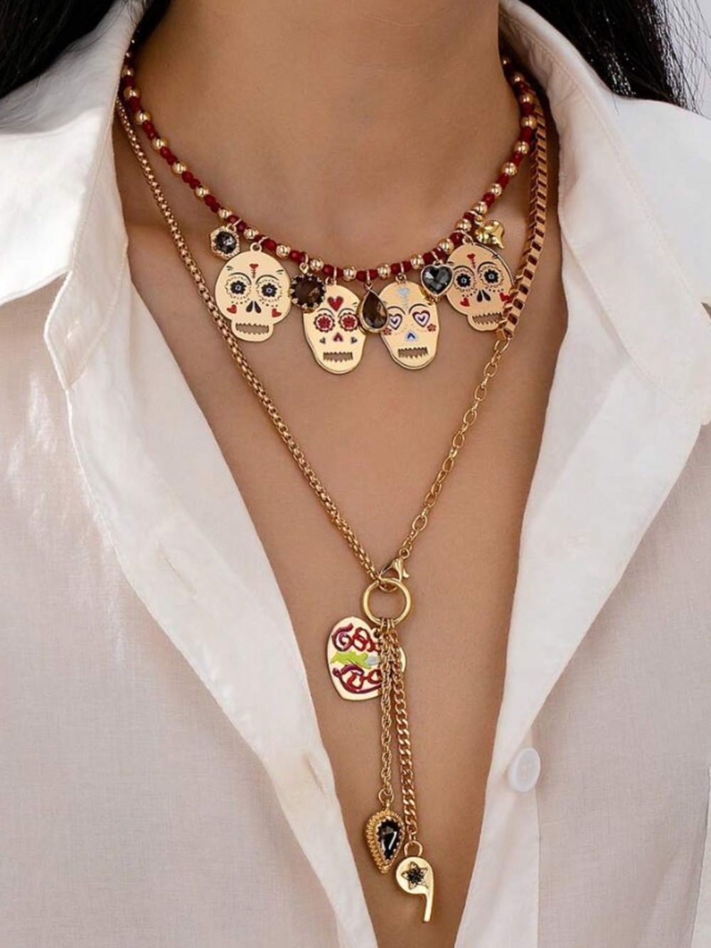 Gold Layered Skull Pendant Necklace Set - Picture 1 of 5